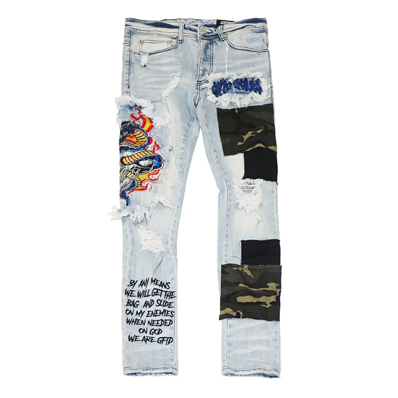 GFTD LA Los Angeles Men's Ezra Skinny Fit Embroidered Skull Distress Rip Jeans - Picture 5 of 6